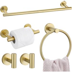 5 Pieces Brushed Gold Towel Bar Set, Upgraded Round Bathroom Hardware Accessories Set, Toilet Paper Holder Towel Holder Set for Bathroom Stainless Steel Wall Mounted 23.6Inch