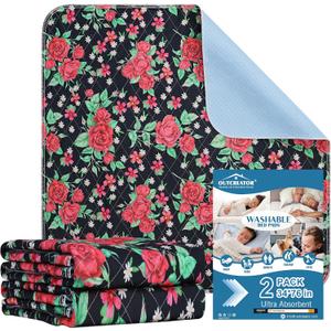 OUTCREATOR Washable Bed Pads 34" x 76" (Pack of 2), Incontinence Mattress Protector, Anti-Slip Waterproof Underpads for Adults Kids Elderly Pets, Absorbency & Reusable Bedwetting Pads (Red Flower)