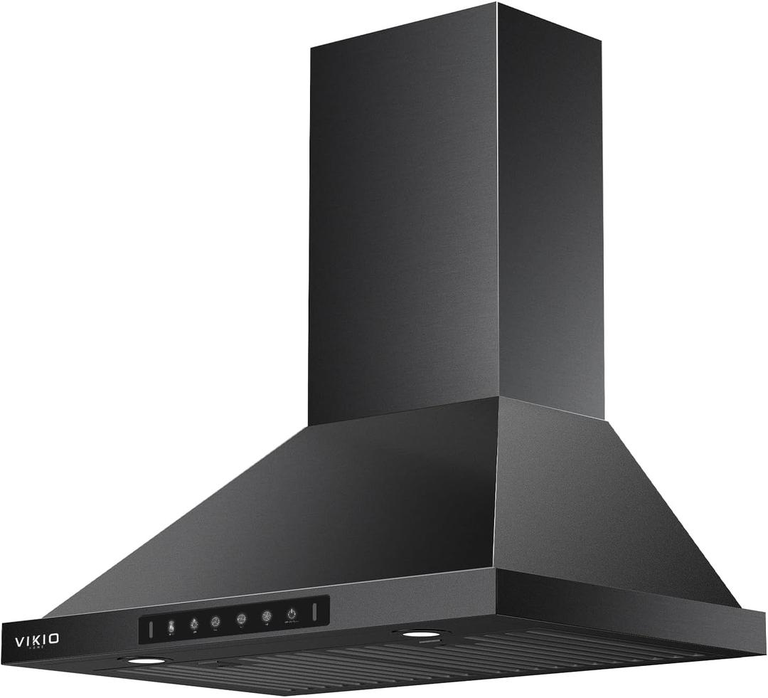 Black Wall Mount Range Hood 30 Inch, Stainless Steel Kitchen Range Hood 980 CFM Ducted/Ductless Range Hoods with 3-Speed Exhaust Fan, Light, Gesture Sensing and Touch Control Switch Panel