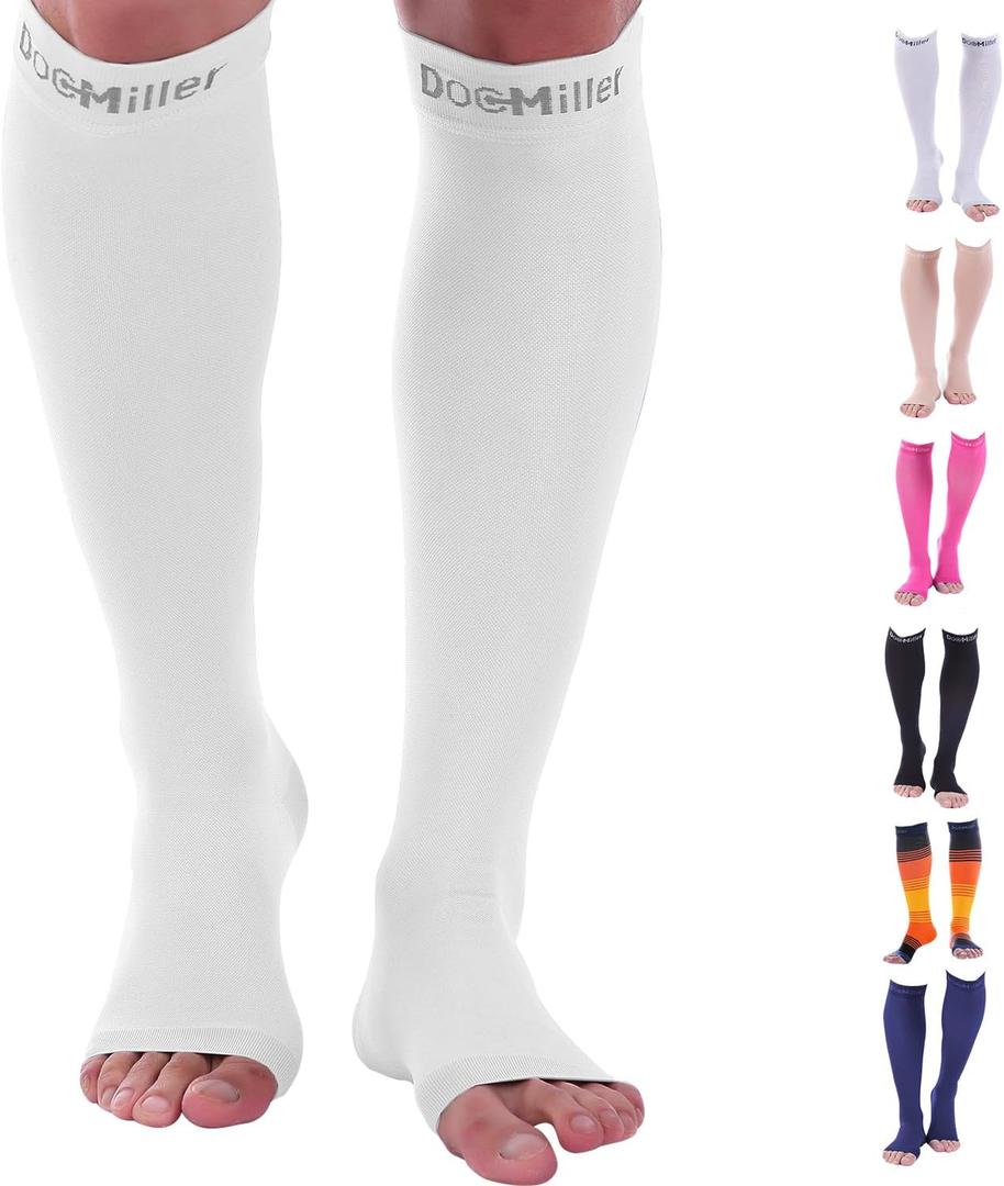 Doc Miller, Open Toe Compression Socks, 8-15 mmHg, Toeless, Support Circulation, Shin Splints, Calf Recovery, Varicose Veins, Knee High, Medical Grade, White Socks, Large Size for Men & Women, Pair