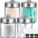 Amolliar 4Pc Apothecary Jars Bathroom Vanity Storage Organizer Set -Countertop Canister with Stainless Steel Lids &Stickers - Qtip Dispenser Holder for Qtip,Cotton Swab,Makeup Sponge (Brushed Nickel)