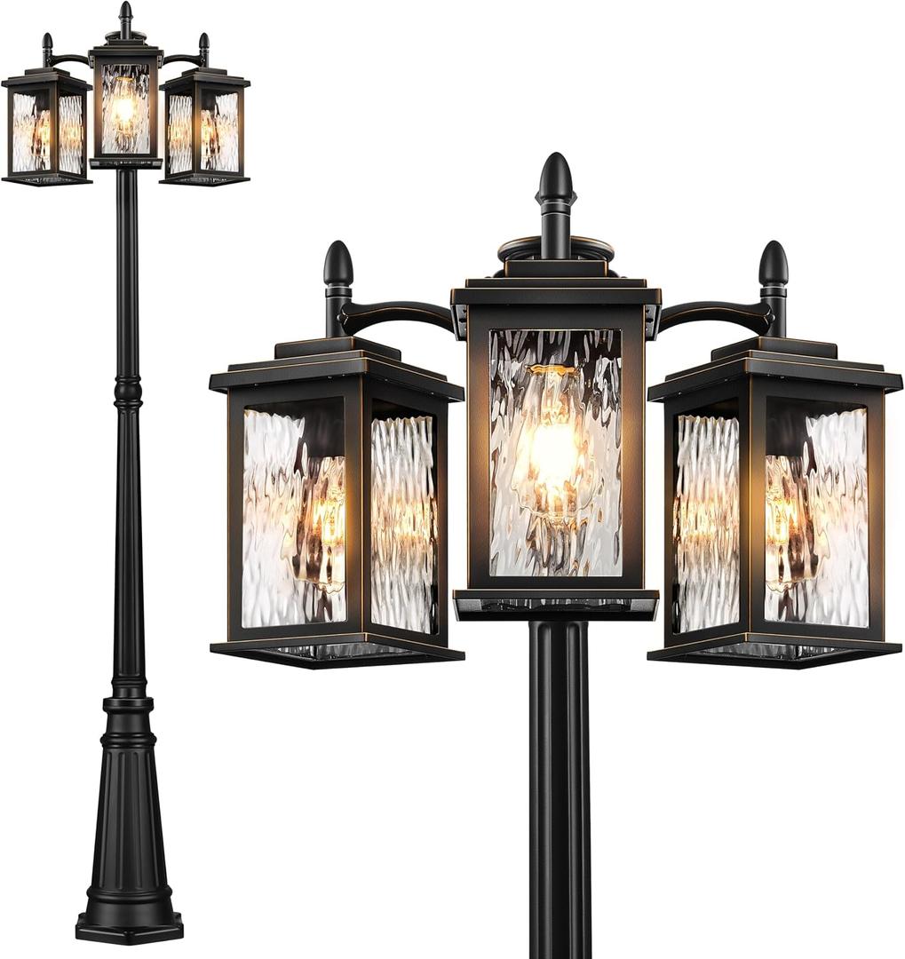 VIANIS Dusk to Dawn Lamp Posts Outdoor Lighting, Triple Head Street Light Pole Lamp for Outside, Waterproof Outdoor Post Light Fixtures Black with Tempered Ripple Glass for Garden Yard Patio Driveway