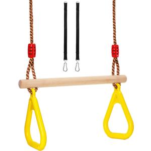 Covzoe Trapeze Bar, 16" Adjustable Height Wooden Swing Set, Trapeze Climbing Bar Assembly with Rings, Gym Hanging Accessories Playground Attachments