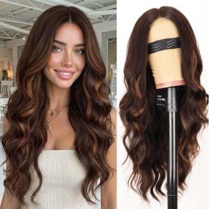 AISI HAIR Chocolate Copper Brown Mixed Light Brown Wig for Women, Long Wavy Lace Hairline Middle Part Synthetic Heat Resistant Wig for Daily Party-26 Inch