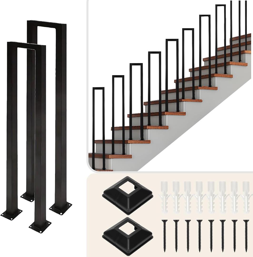 4Pcs U-Shaped Stair Handrail, Matte Black Hand Rail for Indoor Steps, Wrought Iron Outdoor Stair Railing for Porches, Decks, Lofts, 35.4in (4Pcs, Black)