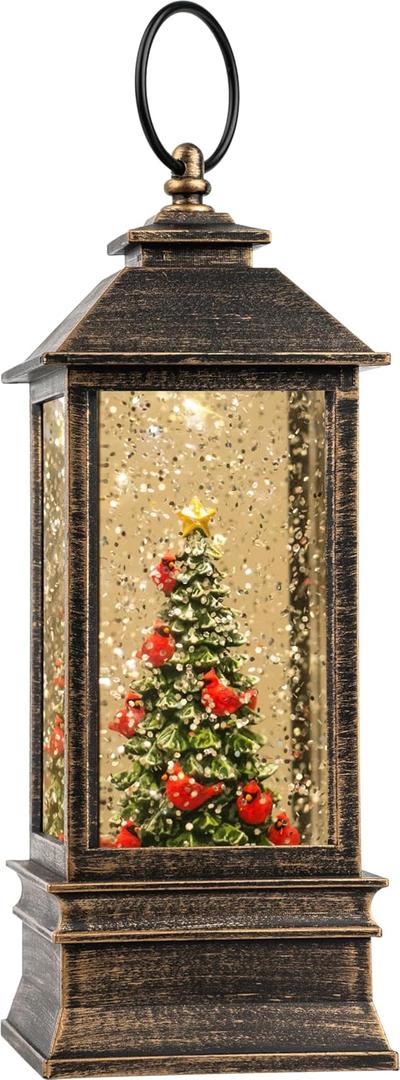 VISFLAIR 10'' Lighted Christmas Tree Cardinal Music Snow Globe Water Lantern with Swirling Glitter Decoration for Christmas Home, Living Room, Battery Operated or USB Powered