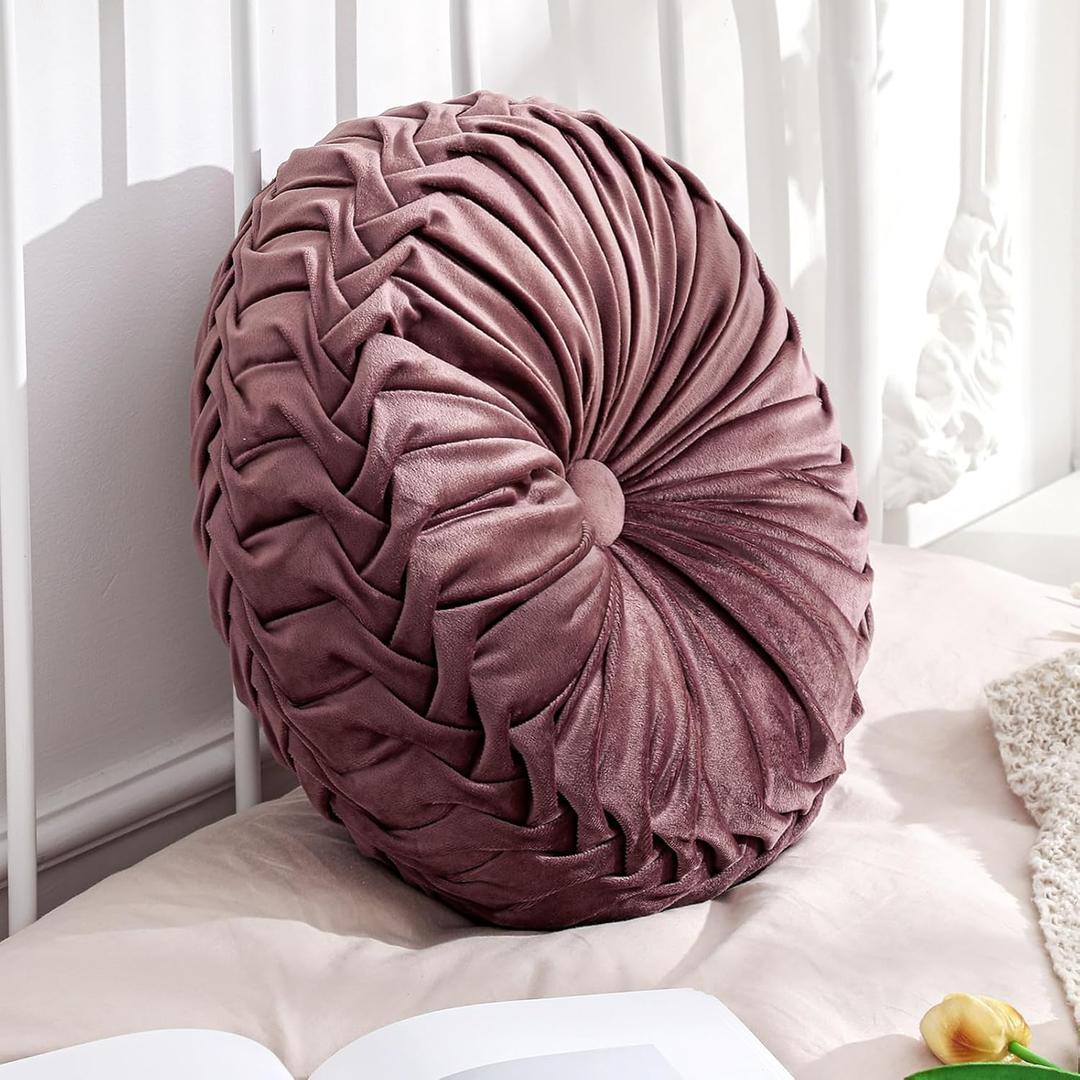 Drydiet 1 Pcs Round Throw Velvet Pillows Decorative Pleated Throw Pillows Diameter Accent Pumpkin Boho Chair Cushion for Couch Sofa Home Decoration (Dusty Rose,15'')