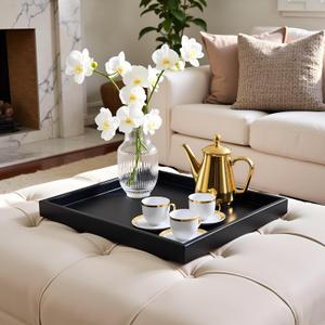 20 x 20 inches Luxury Leather Square Oversized Service Tray, Ottoman & Coffee Tray for Family Dinner, Out-of-House Picnic & Party (Black)