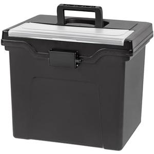 IRIS USA File Box with Lid File Organizer for Letter File w/ Organizer-Lid, Plastic Mobile Filing Organizer, Water Resistant Document Box, Portable File Box with Handle, Secure Buckle, Lockable, Black