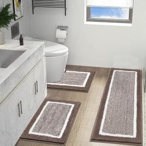 HEBE Bath Rug Set 3 Piece Coffee Non Slip Bathroom Contour Rug Combo Microfiber Bath Shower Mat and U-Shaped Toilet Rug Machine Washable(18"x26"+18"x48"+20"x24")