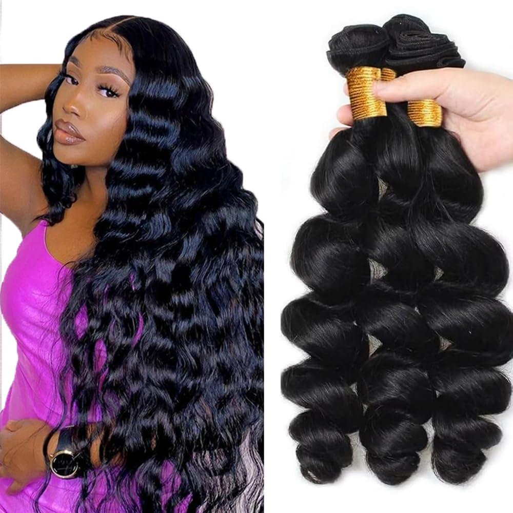 #1B Human Hair Bundles Loose Deep Wave Bundles 28 30 32 Inch Unprocessed Brazilian Virgin Hair Weave 3 Bundles Human Hair Extensions Natural Color Bundle 50 Grams Per Bundle