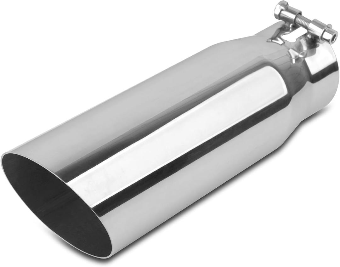2.75 inch Inlet Exhaust Tip, 3.5" Outlet 12" Overall Length Stainless Steel Exhaust Tail Pipe, Bolt-On, Slant Sleek Angle Cut, Polished Tailpipe, Silvery