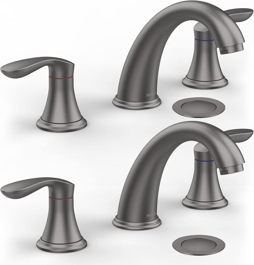 Bathroom Sink Faucet, Faucet for Bathroom Sink, Widespread Gun Grey Bathroom Faucet 3 Hole with Stainless Steel Pop Up Drain and cUPC Lead-Free Hose - (Gun Grey 2 Packs) Bathroom Sink Faucet, Faucet for Bathroom Sink, Widespread Gun Grey Bathroom Faucet 3 Hole with Stainless Steel Pop Up Drain and cUPC Lead-Free Hose - (Gun Grey 2 Packs)