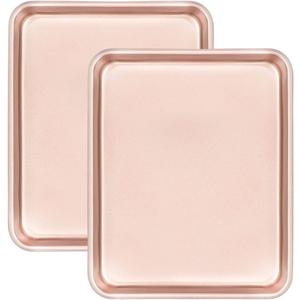 11" x 9" Baking Pans, Cookie Sheets Set of 2, Nonstick Toaster Oven Pan Set for Baking, Heavy Duty Carbon Steel Non-toxic Oven Replacement Cookie Tray for Kitchen Bakery, Gold