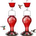 Kingsyard 2 Pack Glass Hummingbird Feeder 24 Ounces, 6 Feeding Ports, Hanging Bird Nectar Feeder for Outdoors Garden Yard Dcor, Ant Moat Included, Red