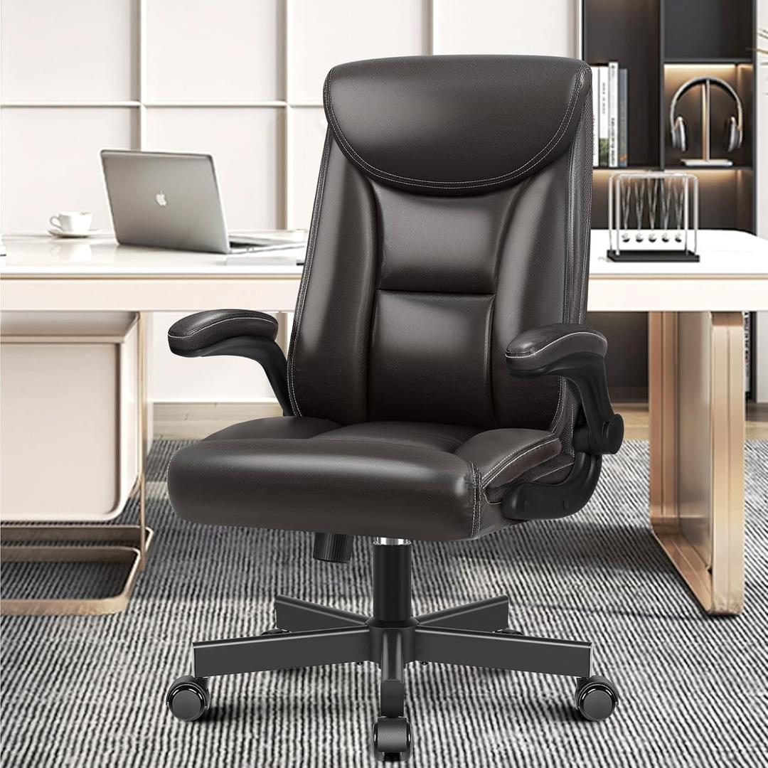 Executive Office Chair, Leather Ergonomic Office Chair Big and Tall Home Office Desk Chairs with Adjustable Flip-Up Arms Computer Chairs (Glossy Coffee)