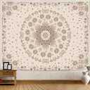 Fowocu Boho Floral Mandala Tapestry Wall Hanging Bohemian Flower Medallion Tapestry Aesthetic Beige Brown Hippie Indian Small Tapestries for Bedroom Living Room Dorm Decor 80 x 60 Inch