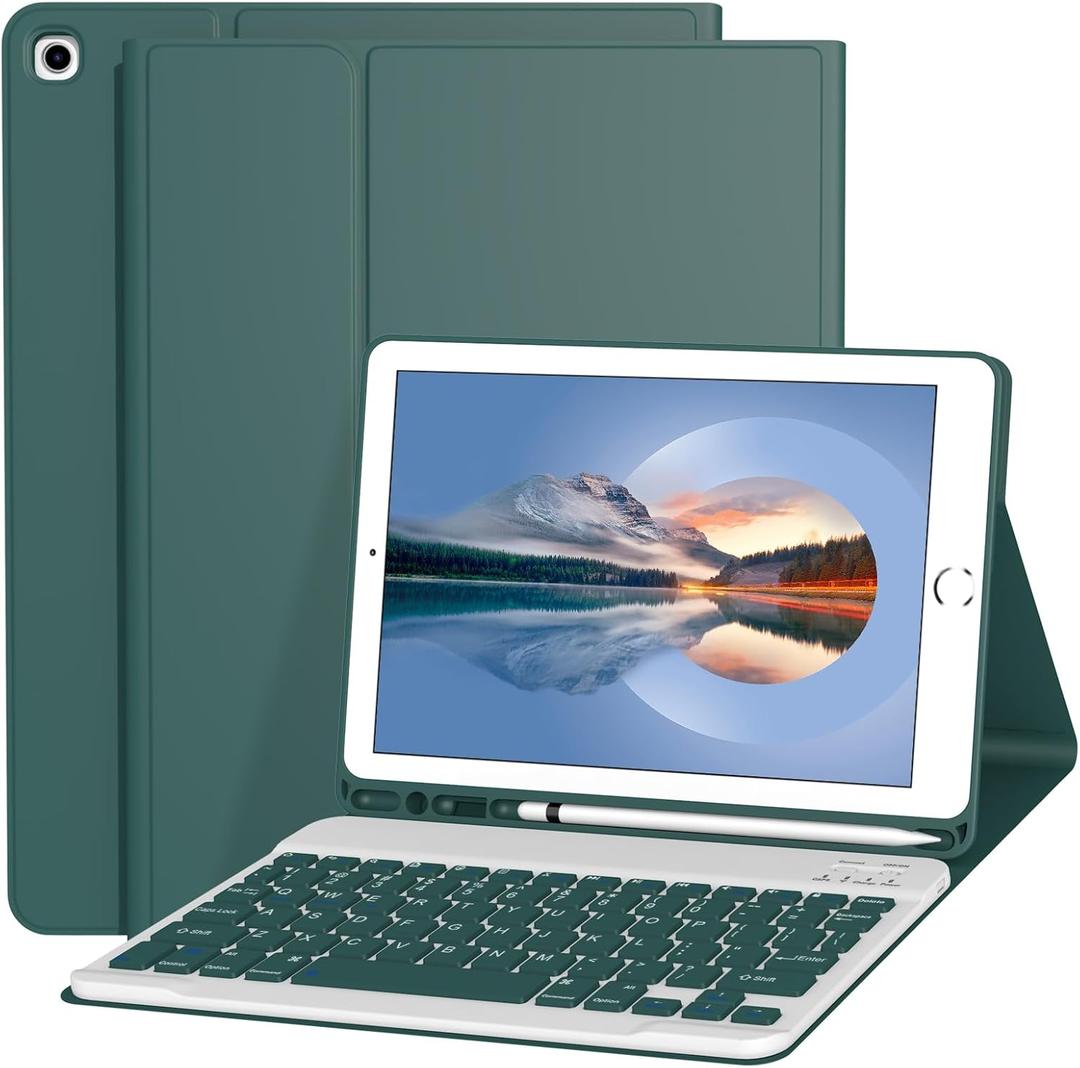 Keyboard Case for iPad 9th/8th/7th Generation 10.2 Inch [Magnetic Detachable Wireless Keyboard][Support 3 System] Flip Stand Case with Pencil Holder for iPad 10.2 2021/2020/2019, Dark Green