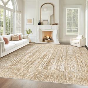 Living Room Rugs 8x10: Washable Moroccan Geometric Boho Rug Farmhouse Non Slip Stain Resistant Large Rug Low Pile Soft Carpet for Bedroom Dining Room Kids Room (Light Brown,8'x10')