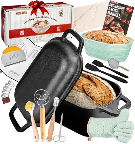 Dutch Oven for Bread Baking-Sourdough Bread Baking Supplies Starter Kit, 11" Oval Bread Proofing Basket 3.6QT Oval Cast Iron Pot Bread Pan with Lid, Black