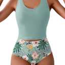 Eomenie Two Piece Tankini Swimsuits for Women Tummy Control Bathing Suits Cutout Back Swim Tank Top with High Waisted Bottom (Medium, Green Floral)