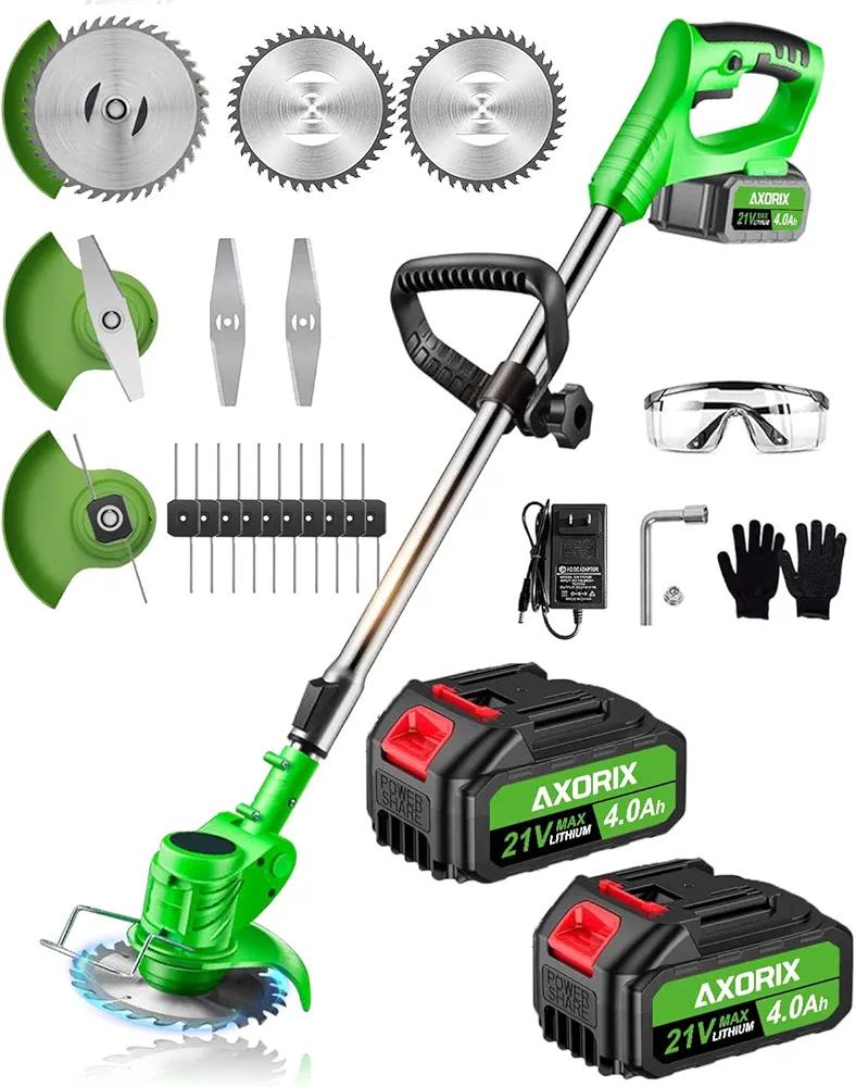 Electric Weed Wacker Cordless, 21V Weed Cordless Eater Battery Powered, with 2Pcs 4.0Ah Batteries, Stringless Brush Cutter, Lightweight Foldable Grass Trimmer, 3 Types Blades, Green