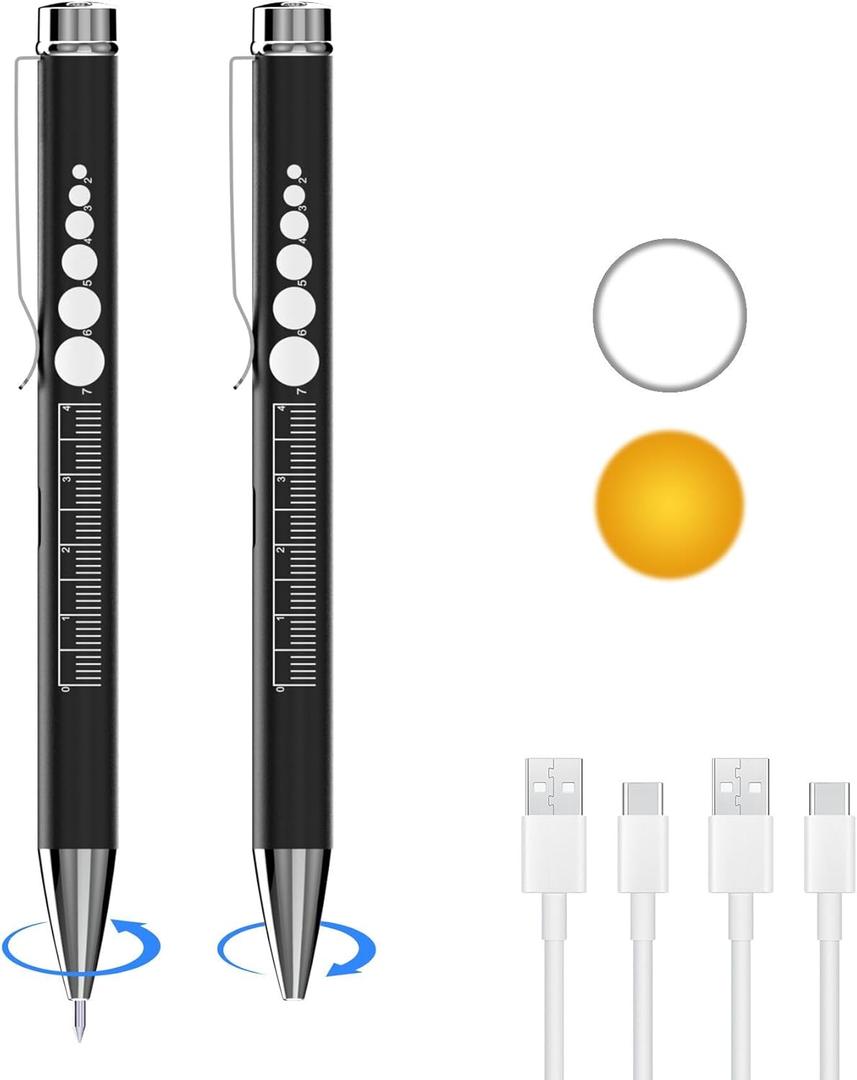 SEVENKA 2 Rechargeable Ballpoint Pen Lights with Pupil Gauge & Ruler, LED Penlights for Nurses Doctors, USB-C Rechargeable, Warm/White Light, Pocket Clip, Penlight Flashlights for Nursing Student