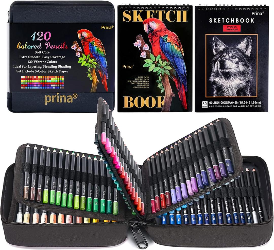 PRINA Art Supplies 120 Colors Colored Pencils Set for Adults Coloring Books with Sketchbook, Professional Vibrant Artists Coloring Pencils for Drawing Sketching Blending Shading, Soft Core Oil Based