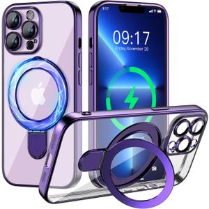 Magnetic for iPhone 13 Pro Case with Invisible Stand[Compatible with MagSafe][Full Camera Lens Protector][Military Drop Protection] Shockproof Not Yellowing Clear Slim Soft for Women Men