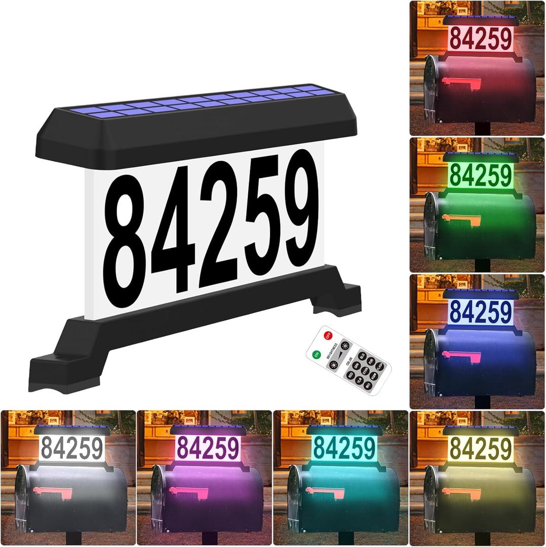 Solar Mailbox Numbers, Double sided Solar House Numbers for Outside, Waterproof RGBW Color Changing Remote Control, Lighted Modern Address Sign Solar Powered for Mailbox(solar rgbw)