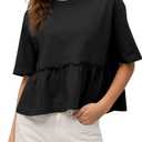 Women Summer Short Sleeve T-Shirts Oversized Dressy Casual Work Blouses Cropped Cute Ruffle Babydoll Peplum Tops (Black, L)