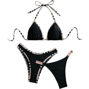 SOLY HUX 3 Piece Swimsuit for Women Checked Pattern Triangle Thong Swimwear Bathing Suit (Black, S)