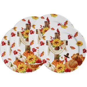 VJF Thanksgiving Ceramic Dinner Plates 10.5 Inch Set of 4 Round Turkey Cross Pumpkin Holiday Stackable Porcelain Plates Microwave & Dishwasher Safe for Holiday Party Family Feast Thanksgiving Decor