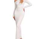 XinFSh Women's Long Sleeve Bodycon Maxi Dress One Shoulder Ruched Fall Formal Wedding Guest Cocktail Dress 2025 White, Medium