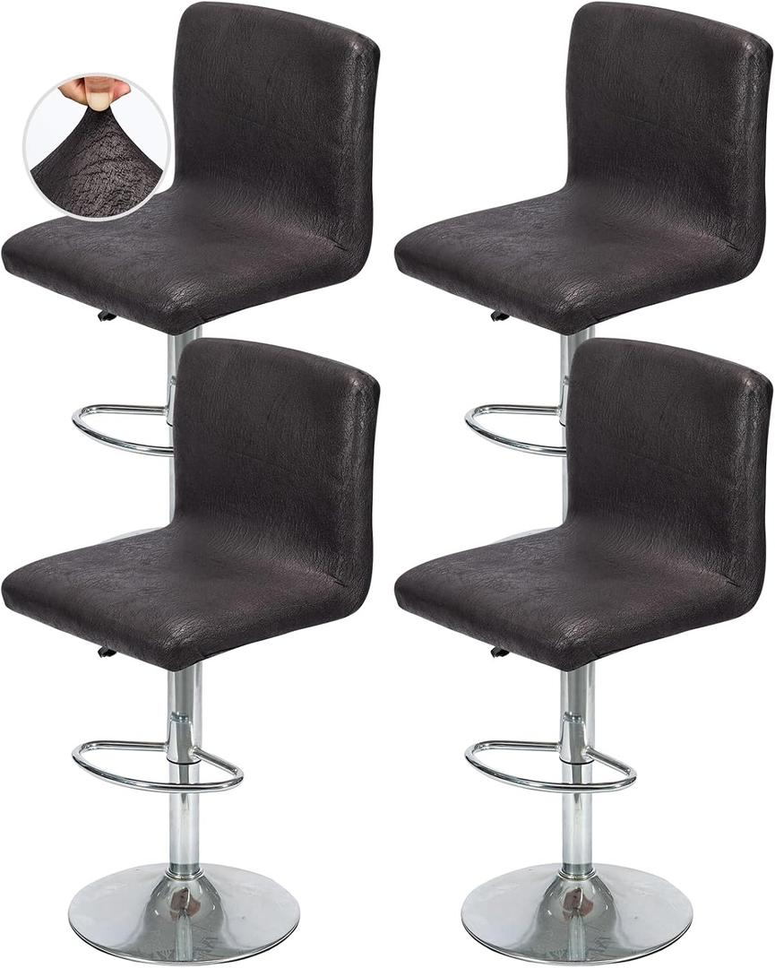 FUANGUI Bar Stool Covers Set of 4, Faux Leather Looking Stretch Bar Stool Chair Cover Slipcovers, Counter Stool Bar Chair Covers for Kitchen Pub Dining Room Retro Style Home Deco- Black