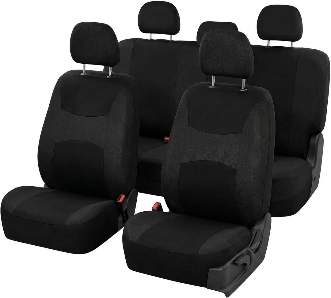 FH Group Universal Car Seat Covers Full Set for SUV Truck Sedan Vans | All-Purpose Cloth Seat Cover Set Airbag Compatible Washable Split Bench Protector Interior Upgrade - Black