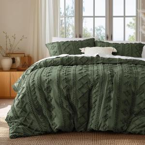 Bedsure Boho Duvet Cover Queen Size, Soft & Comfortable Elegant Design Boho Bedding for Decoration, Machine Washable Comforter Cover for All Seasons,Includes 1 Duvet Cover & 2 Pillow Shams,Olive Green (Queen (90" X 90"))