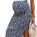 Milumia Women's Maternity Outfits 2 Piece Eyelet Ruched Tank Top and Floral Double Slit Midi Skirt Sets, XL