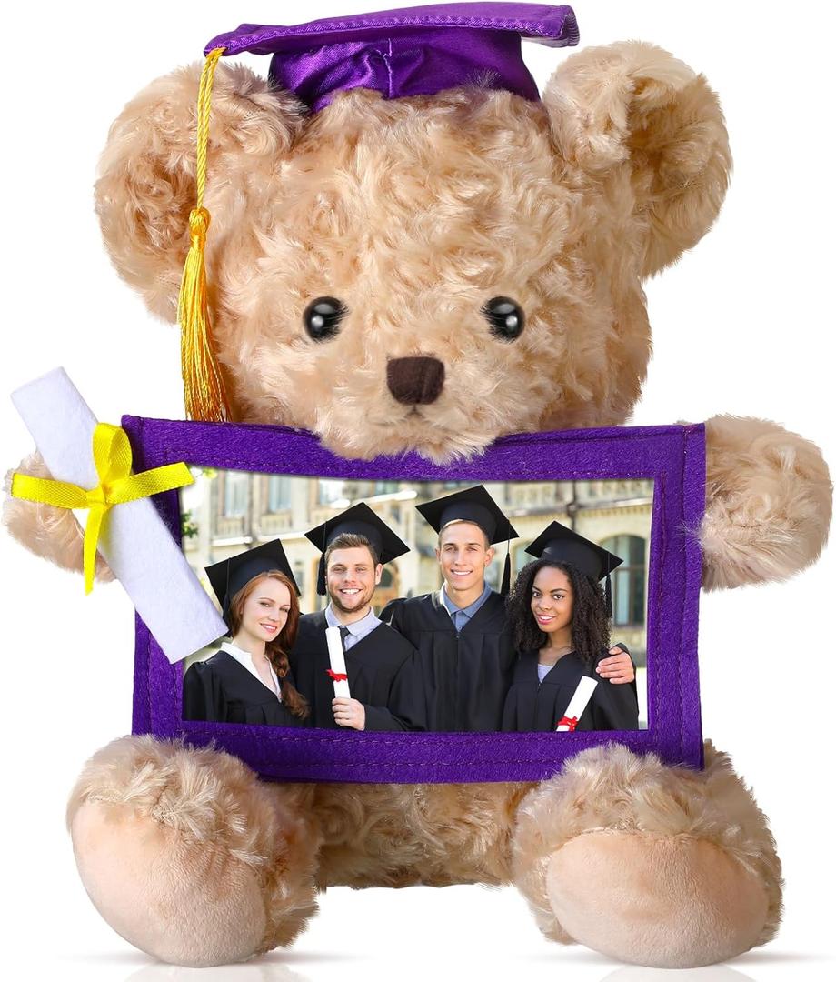 Sotiff 10'' 2025 Graduation Plush Bear with Picture Frame for 4 x 6'' Photo Graduation Gifts Stuffed Bear for Kids Granddaughter Son Girls Boys Preschool Kindergarten Students(Dark Brown, Purple)