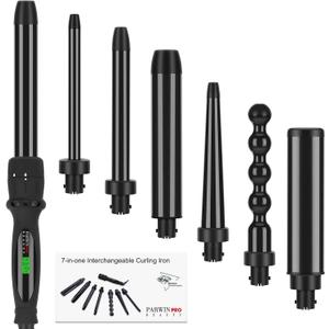 PARWIN PRO BEAUTY 7 in 1 Curling Iron Wand Set,Dual Voltage Curling Wand with 7 Interchangeable Diamond Ceramic Hair Curler Wands with LCD Temperature Control Auto Shut Off Black (Professional No Clamp)
