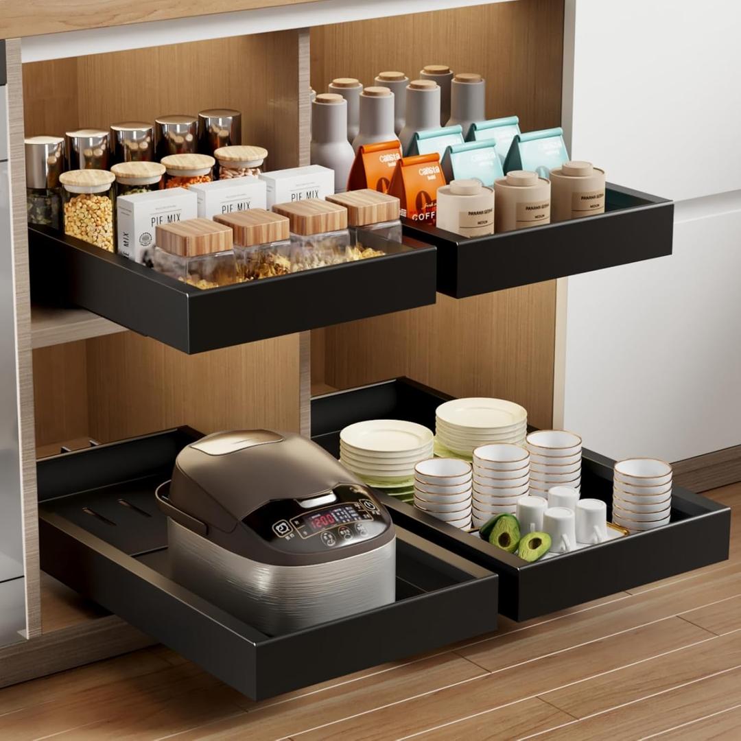 2 Pack Pull Out Cabinet Organizer,21.8" Deep Slide Out Drawer for Cabinets Adhesive Pull Out Drawers Heavy Duty Pull Out Shelves for Kitchen,Cupboard,Pantry,Bathroom-Black