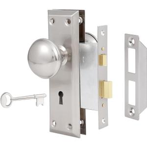 Mortise Lock Set for Interior Door, Vintage Door Knob with Lock and Skeleton Key, Antique Door Knobs Brushed Nickel Finish