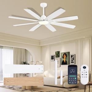 Ceiling Fan with Light and Remote/APP Control, 62 inch Large Low Profile Ceiling Fans for Living Room Patio, Quiet DC Reversible Motor, 8 Speed, 3CCT, Dimmable, Dual Finish 8 Blades, White