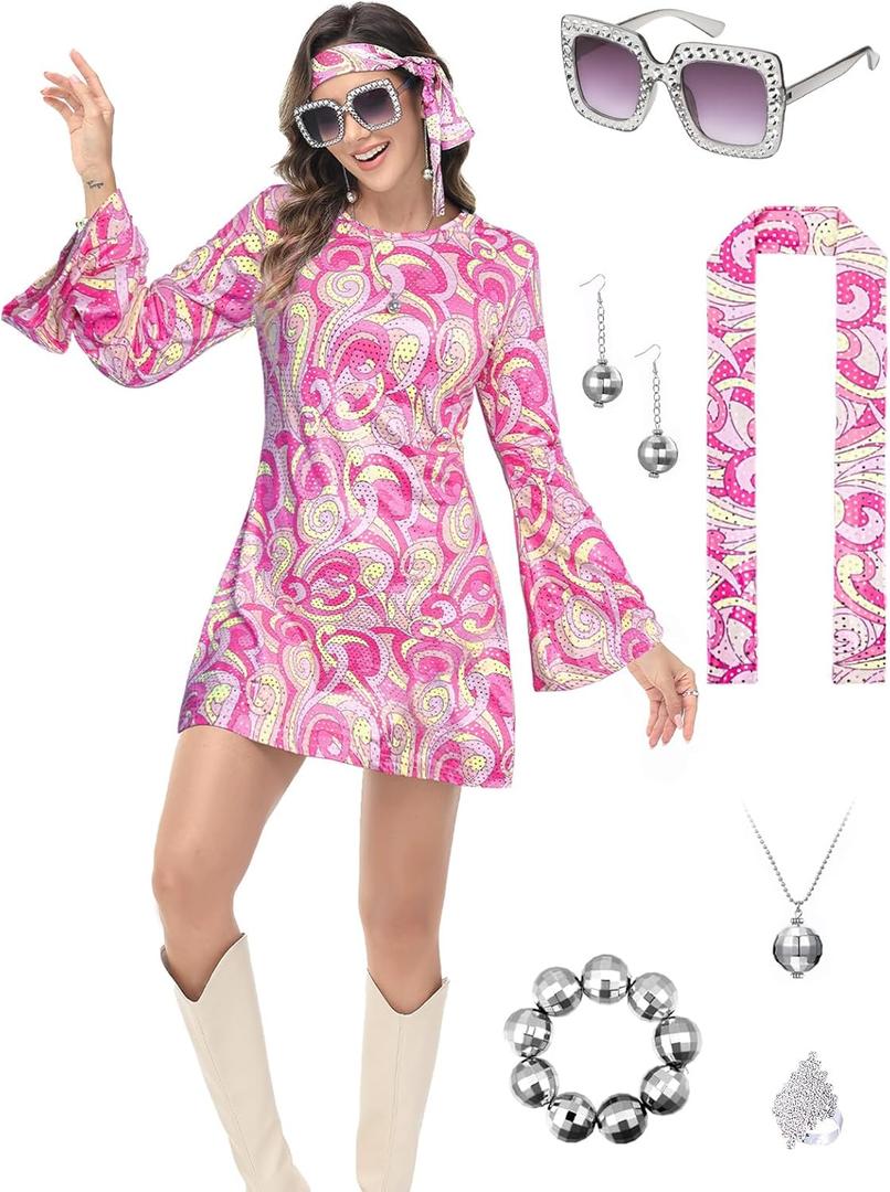 70s Outfits Costume for Women, 7pcs 60s Disco Dress Necklace Earrings Sunglass Bracelets Ring Party Supplies (XX-Large)