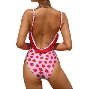 Verdusa Women's One Piece Swimsuit Cut Out Ruffled Open Back Spaghetti Strap Swimwear (Large)