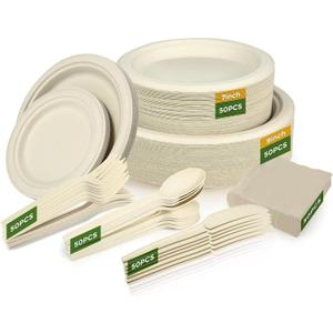 300 Pack Paper Plates Set Party Supplies Severs 50 Guests Disposable Party Plates Sugarcane Forks Knives Spoons Heavy-Duty Paper Plate Bagasse Natural Compostable Eco-Friendly Birthday Wedding