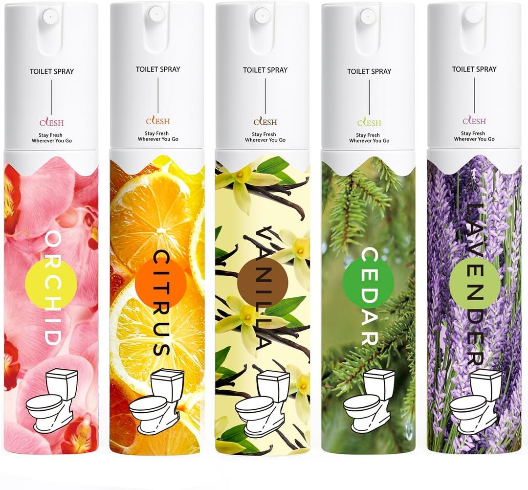 Travel Size Toilet Spray, Bathroom Odor Eliminator, 5 Pack, 1 fl oz Each, Up to 250 Uses, For Home and Travel, Essential Oils Freshener Spray, Orchid, Citrus, Vanilla, Cedar, Lavender