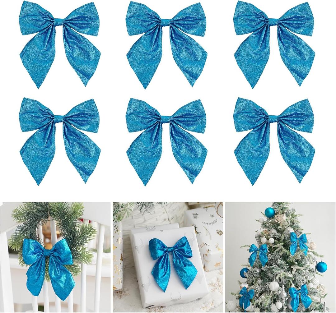 AIMUDI Blue Glitter Wired Ribbon Bows with Twist Tie 5.5" Premade Metallic Christmas Bows for Gift Wrapping, Wreath, Garland, Holiday Crafts Party Home Outdoor Christmas Tree Decorations, 12 PCs