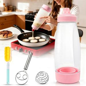Pancake Batter Dispenser Bottle Kit - 4.5-Cup Pancakes Mixer with Shaker Ball Stainless Steel Whisk and Brush,Squeeze Tool for Pink Kitchen Accessories Gifts