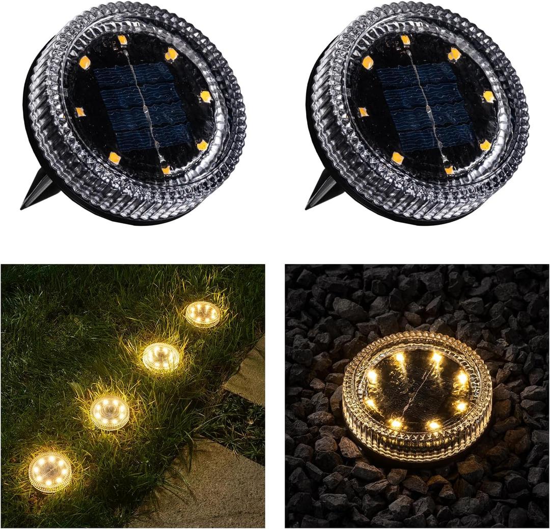 Glass Solar Pathway Lights with Wave Style, Modular-Design Waterproof In-Ground Light for Patio Pathway Lawn Yard Deck Walkway, Decorative Disk Lighting for Garden Bed, Warm White (2 Pack)
